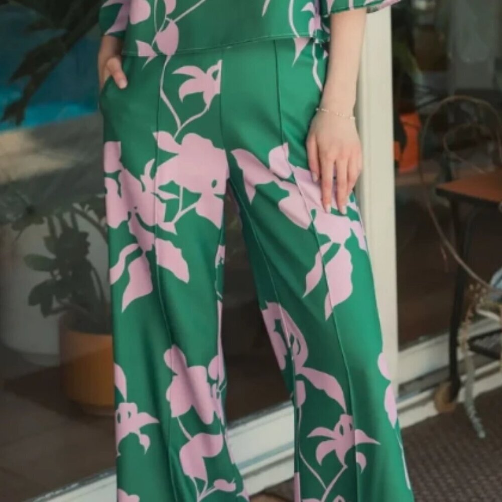 Mac Duggal NWT Green Printed Crepe Wide-Leg Trousers | Size XS - Picture 5 of 6
